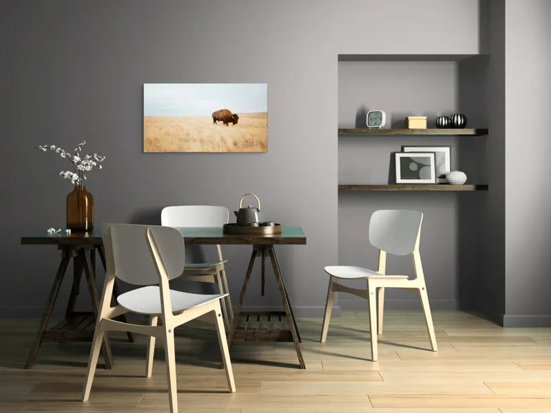 Tablou Canvas, "Bizon solitar în savana aridă", Bizon, Prerie, Cer, Solitudine, Peisaj, Natura, Liniste, 90 x 50 cm – poza 3