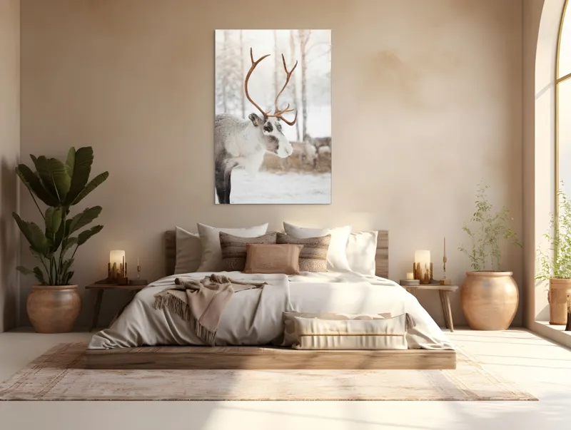 Tablou Canvas, "Renul în pădurea de iarnă albă", Ren, Zăpadă, Iarnă, Copaci, Cerbi., 100 x 150 cm – poza 3