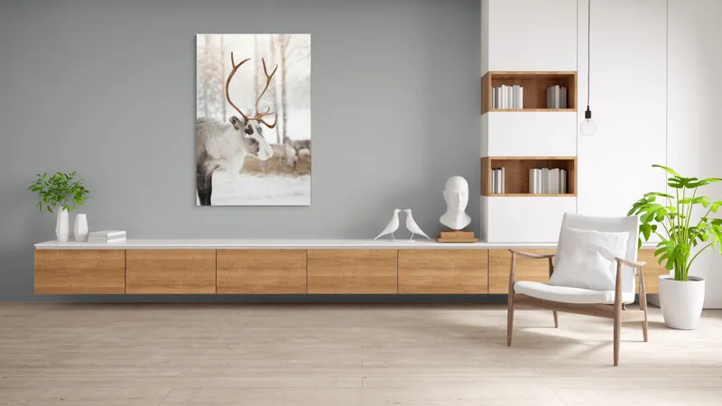 Tablou Canvas, "Renul în pădurea de iarnă albă", Ren, Zăpadă, Iarnă, Copaci, Cerbi., 100 x 150 cm – poza 8