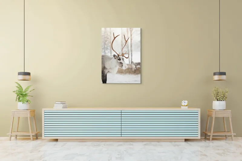Tablou Canvas, "Renul în pădurea de iarnă albă", Ren, Zăpadă, Iarnă, Copaci, Cerbi., 70 x 100 cm – poza 5