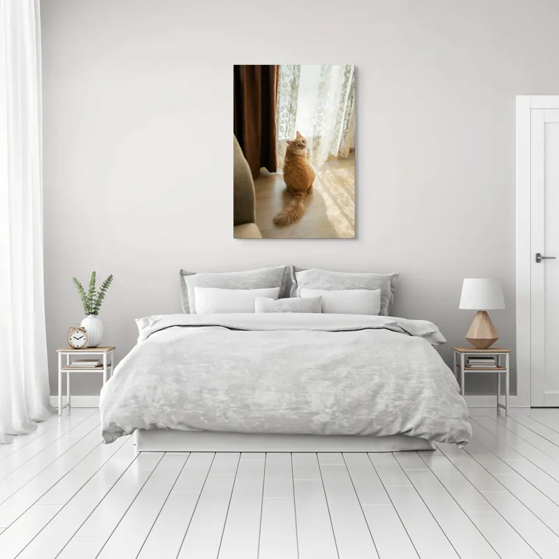Tablou Canvas, "Pisica în lumina dimineții", Pisică, Portocalie, Blană, Coadă, Fereastră, Perdea, Lumină, Podea, Urechiușe, Încăpere, 70 x 100 cm – poza 3