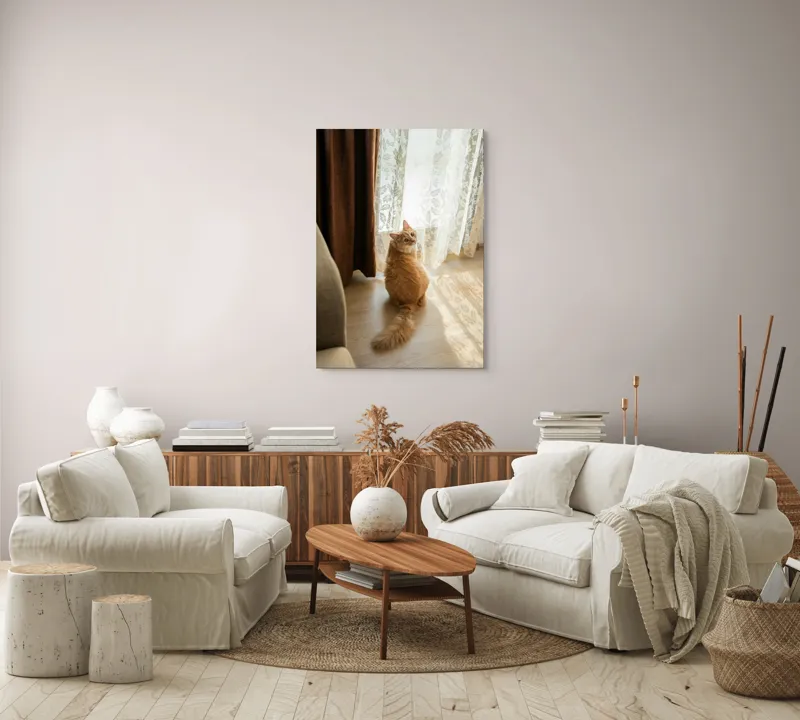 Tablou Canvas, "Pisica în lumina dimineții", Pisică, Portocalie, Blană, Coadă, Fereastră, Perdea, Lumină, Podea, Urechiușe, Încăpere, 70 x 100 cm – poza 4
