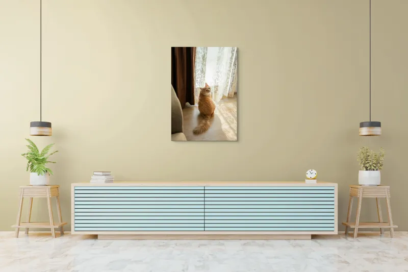Tablou Canvas, "Pisica în lumina dimineții", Pisică, Portocalie, Blană, Coadă, Fereastră, Perdea, Lumină, Podea, Urechiușe, Încăpere, 70 x 100 cm – poza 5
