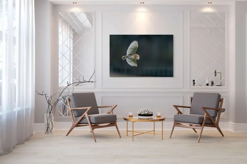 Tablou Canvas, "Bufnița survolând noaptea tainică", Bufniță, Zbor, Aripi, Noapte, Silueta, Plutire, Tăcere, Vânătoare, Pene, Culoare., 150 x 100 cm – poza 7
