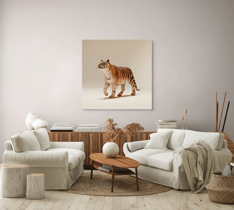 Tablou Canvas, "Tigrul în pas domol spre orizont", Tigru, Eleganță, Blană, Dungată, Animal, Prădător, Grațios, Puternic, Sălbatic, Majestuos, 100 x 100 cm – poza 3