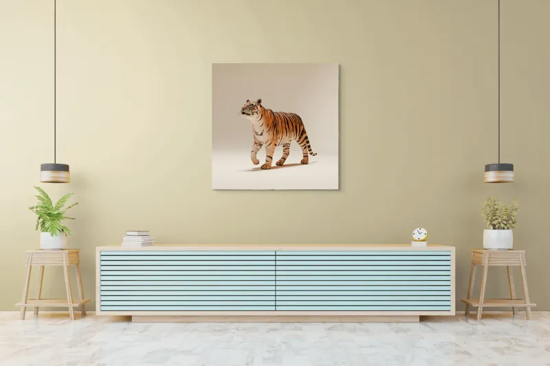 Tablou Canvas, "Tigrul în pas domol spre orizont", Tigru, Eleganță, Blană, Dungată, Animal, Prădător, Grațios, Puternic, Sălbatic, Majestuos, 100 x 100 cm – poza 5
