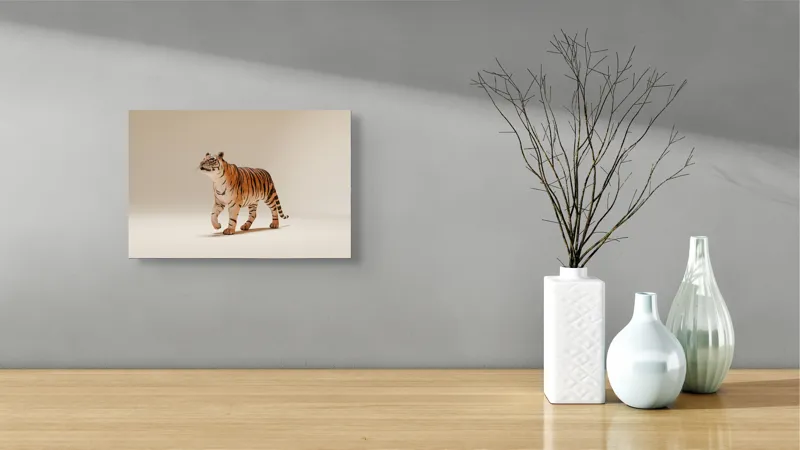Tablou Canvas, "Tigrul în pas domol spre orizont", Tigru, Eleganță, Blană, Dungată, Animal, Prădător, Grațios, Puternic, Sălbatic, Majestuos, 39 x 26 cm – poza 8