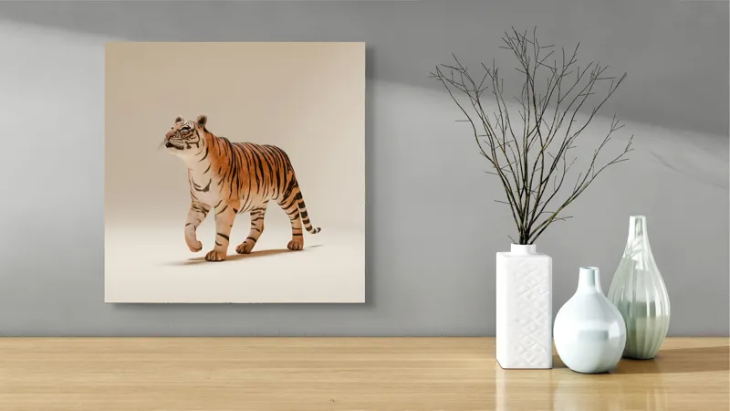 Tablou Canvas, "Tigrul în pas domol spre orizont", Tigru, Eleganță, Blană, Dungată, Animal, Prădător, Grațios, Puternic, Sălbatic, Majestuos, 50 x 50 cm – poza 3