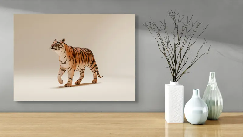 Tablou Canvas, "Tigrul în pas domol spre orizont", Tigru, Eleganță, Blană, Dungată, Animal, Prădător, Grațios, Puternic, Sălbatic, Majestuos, 70 x 50 cm – poza 3