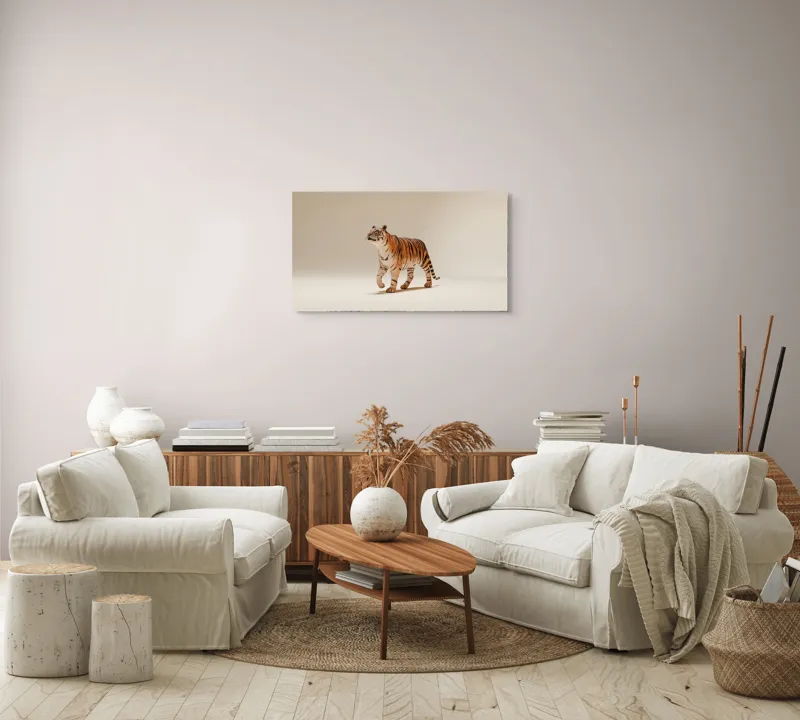 Tablou Canvas, "Tigrul în pas domol spre orizont", Tigru, Eleganță, Blană, Dungată, Animal, Prădător, Grațios, Puternic, Sălbatic, Majestuos, 90 x 50 cm – poza 4