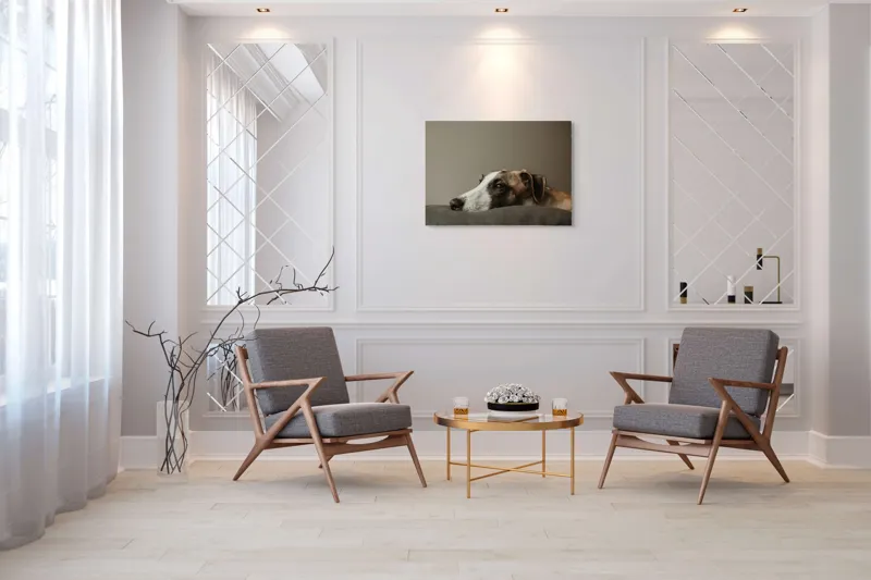 Tablou Canvas, "Visând spre orizontul necunoscut", Calm, Contemplative, Gentle, Whippet, Peaceful, 100 x 70 cm – poza 5