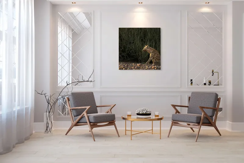 Tablou Canvas, "Hiena în lumina apusului african", Hyena, Pământ, Vegetație, Apus, Solitudine, Observație, Natură, 100 x 100 cm – poza 7