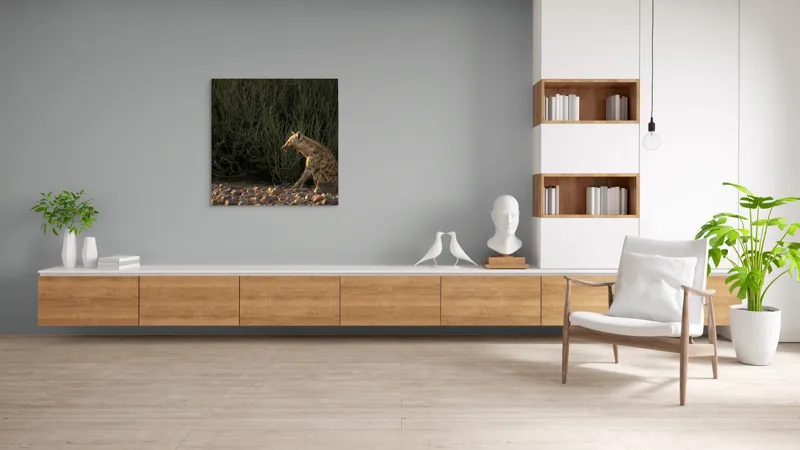 Tablou Canvas, "Hiena în lumina apusului african", Hyena, Pământ, Vegetație, Apus, Solitudine, Observație, Natură, 100 x 100 cm – poza 8