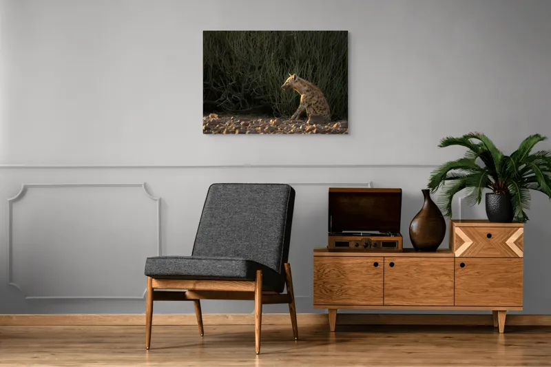 Tablou Canvas, "Hiena în lumina apusului african", Hyena, Pământ, Vegetație, Apus, Solitudine, Observație, Natură, 100 x 70 cm – poza 8