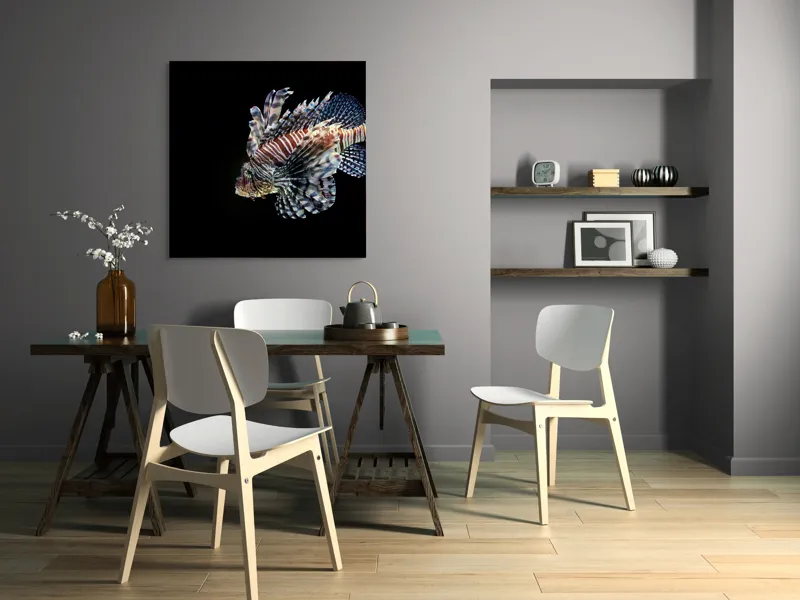 Tablou Canvas, "Peștișorul leu în adâncuri misterioase", Pește, Aripi, Dungi, Colorat, Elegant, Acvatic, Exotic, Spectaculos, Solitar, Plutire, 100 x 100 cm – poza 6
