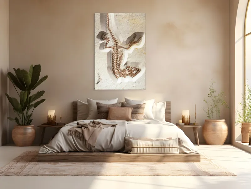 Tablou Canvas, "Fosilă de șopârlă în stâncă păstrată", Șopârlă, Fosilă, Schelet, Detaliat, Pietrificat, Paleontologie, Istorie, Natură., 100 x 150 cm – poza 3