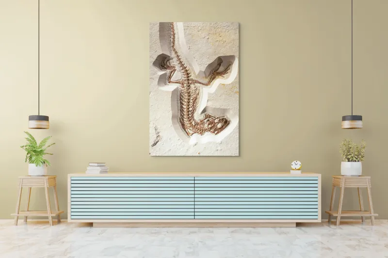 Tablou Canvas, "Fosilă de șopârlă în stâncă păstrată", Șopârlă, Fosilă, Schelet, Detaliat, Pietrificat, Paleontologie, Istorie, Natură., 100 x 150 cm – poza 4