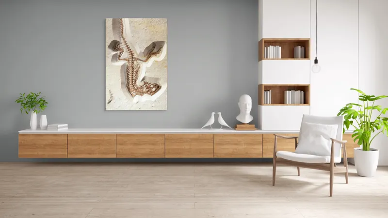Tablou Canvas, "Fosilă de șopârlă în stâncă păstrată", Șopârlă, Fosilă, Schelet, Detaliat, Pietrificat, Paleontologie, Istorie, Natură., 100 x 150 cm – poza 8