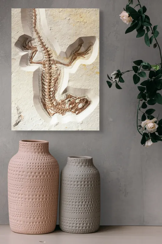 Tablou Canvas, "Fosilă de șopârlă în stâncă păstrată", Șopârlă, Fosilă, Schelet, Detaliat, Pietrificat, Paleontologie, Istorie, Natură., 39 x 54 cm – poza 6
