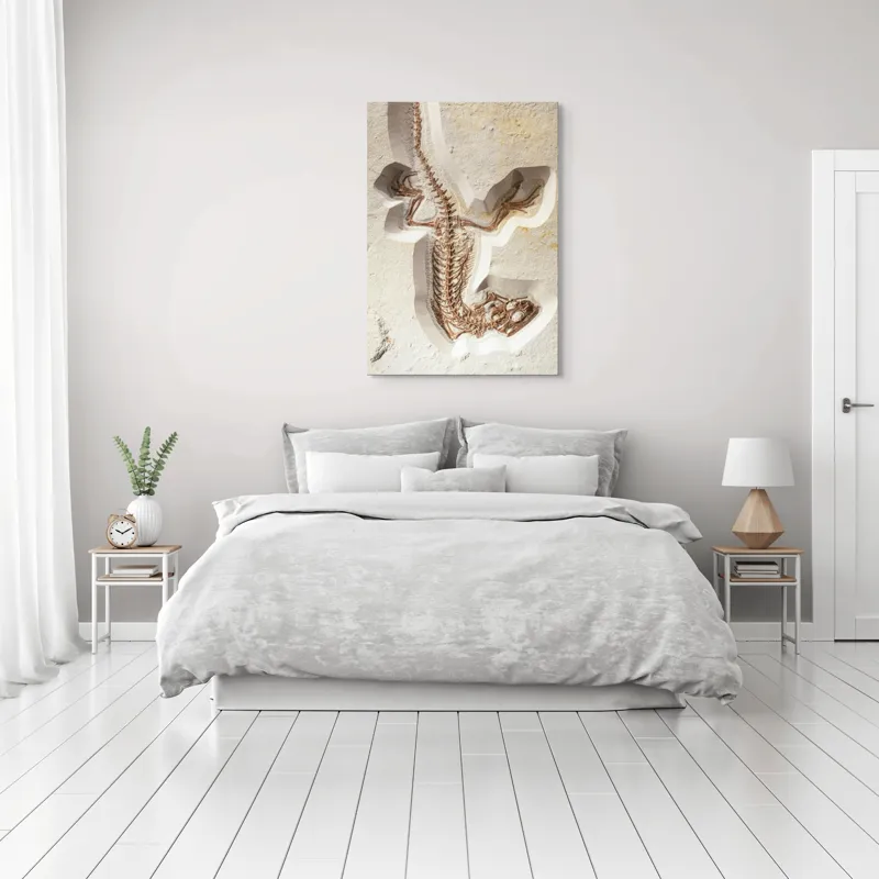 Tablou Canvas, "Fosilă de șopârlă în stâncă păstrată", Șopârlă, Fosilă, Schelet, Detaliat, Pietrificat, Paleontologie, Istorie, Natură., 70 x 100 cm – poza 3