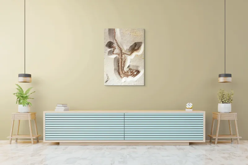 Tablou Canvas, "Fosilă de șopârlă în stâncă păstrată", Șopârlă, Fosilă, Schelet, Detaliat, Pietrificat, Paleontologie, Istorie, Natură., 70 x 100 cm – poza 5