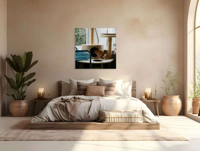 Tablou Canvas, "Motanul explorator în turnul de joacă", Pisică, Jucăușă, Cățărătoare, Mobilier, Lumină, Fereastră, Blană, Coardă, Joacă, Interior, 100 x 100 cm – poza 4