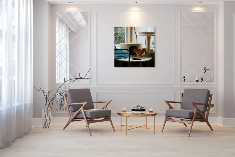 Tablou Canvas, "Motanul explorator în turnul de joacă", Pisică, Jucăușă, Cățărătoare, Mobilier, Lumină, Fereastră, Blană, Coardă, Joacă, Interior, 100 x 100 cm – poza 7