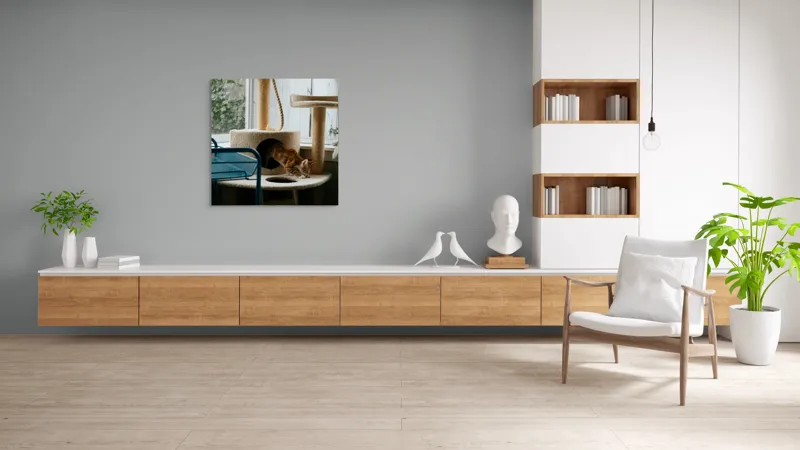 Tablou Canvas, "Motanul explorator în turnul de joacă", Pisică, Jucăușă, Cățărătoare, Mobilier, Lumină, Fereastră, Blană, Coardă, Joacă, Interior, 100 x 100 cm – poza 8