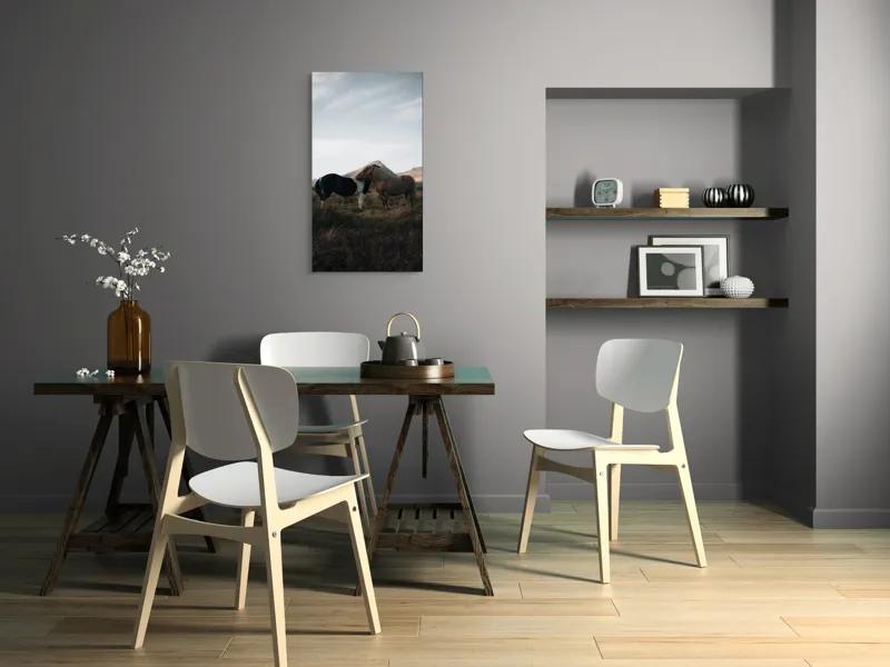 Tablou Canvas, "Îmbrățișarea cailor sub munte senin", Dragoste, Blândețe, Natură, Libertate, Frumusețe, Serenitate, Prietenie, Peisaj, Munți, Calde., 50 x 90 cm – poza 4