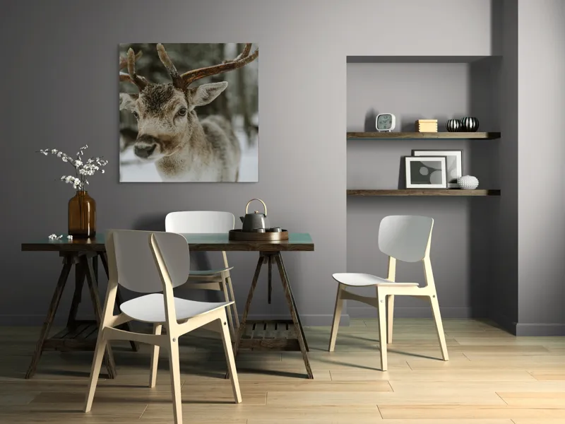 Tablou Canvas, "Cerb în peisajul de iarnă", Ren, Antler, Zapadă, Pădure, Ochi Curiosi, Blană Maronie, Frig, Natură, Serenitate., 100 x 100 cm – poza 6