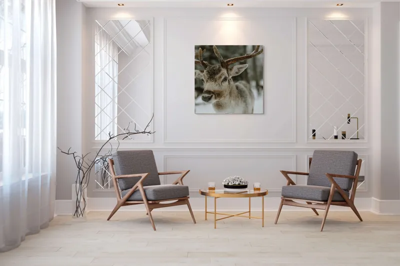 Tablou Canvas, "Cerb în peisajul de iarnă", Ren, Antler, Zapadă, Pădure, Ochi Curiosi, Blană Maronie, Frig, Natură, Serenitate., 100 x 100 cm – poza 7