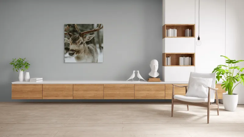 Tablou Canvas, "Cerb în peisajul de iarnă", Ren, Antler, Zapadă, Pădure, Ochi Curiosi, Blană Maronie, Frig, Natură, Serenitate., 100 x 100 cm – poza 8