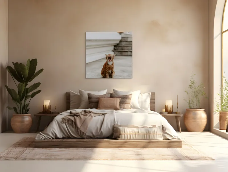Tablou Canvas, "Pisica portocalie căscând pe trepte", Pisică, Cărămizie, Căscat, Trepte, Exterior, Relaxare, Amuzament, Blană, 100 x 100 cm – poza 4