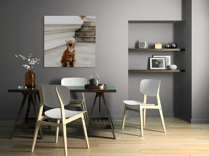 Tablou Canvas, "Pisica portocalie căscând pe trepte", Pisică, Cărămizie, Căscat, Trepte, Exterior, Relaxare, Amuzament, Blană, 100 x 100 cm – poza 6