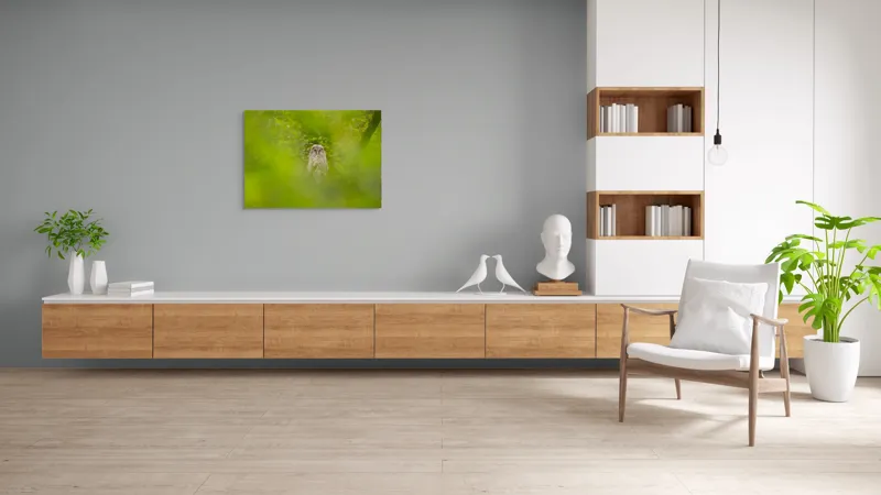 Tablou Canvas, "Bufnița ascunsă printre frunze verzi", Bufniță, Frunziș, Verde, Natură, Pene, Copac, Privire, Lumea Sălbatică, Ascunzătoare, Misterios, 100 x 70 cm – poza 6