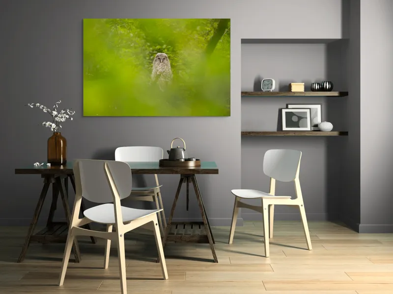 Tablou Canvas, "Bufnița ascunsă printre frunze verzi", Bufniță, Frunziș, Verde, Natură, Pene, Copac, Privire, Lumea Sălbatică, Ascunzătoare, Misterios, 150 x 100 cm – poza 5