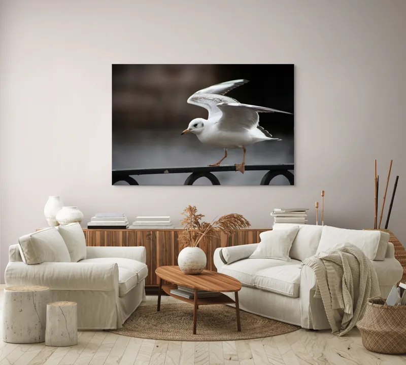 Tablou Canvas, "Pescărușul grațios în zbor lin", Alb, Fragil, Zbor, Grație, Natură, Aripi, Libertate, Seninătate, Linie, Contrast., 150 x 100 cm – poza 3