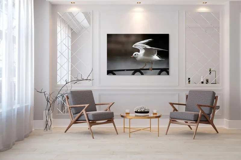 Tablou Canvas, "Pescărușul grațios în zbor lin", Alb, Fragil, Zbor, Grație, Natură, Aripi, Libertate, Seninătate, Linie, Contrast., 150 x 100 cm – poza 7
