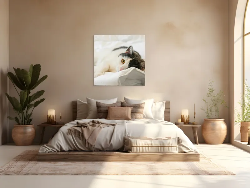 Tablou Canvas, "Pisică odihnindu-se pe așternuturi albe", Pisică, Întinsă, Blană, Albitură, Odihnă, Privire, Relaxare, 100 x 100 cm – poza 4