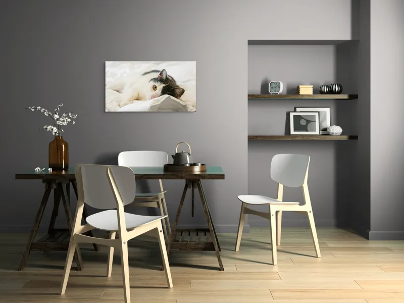 Tablou Canvas, "Pisică odihnindu-se pe așternuturi albe", Pisică, Întinsă, Blană, Albitură, Odihnă, Privire, Relaxare, 90 x 50 cm – poza 3