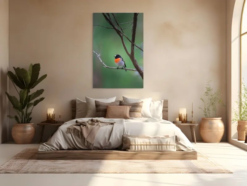 Tablou Canvas, "Pasărea cu pieptul portocaliu pe ramură", Pasăre, Ramură, Portocaliu, Negru, Verde, Ochi, Pene, Natură, Zveltă, Observare, 100 x 150 cm – poza 3