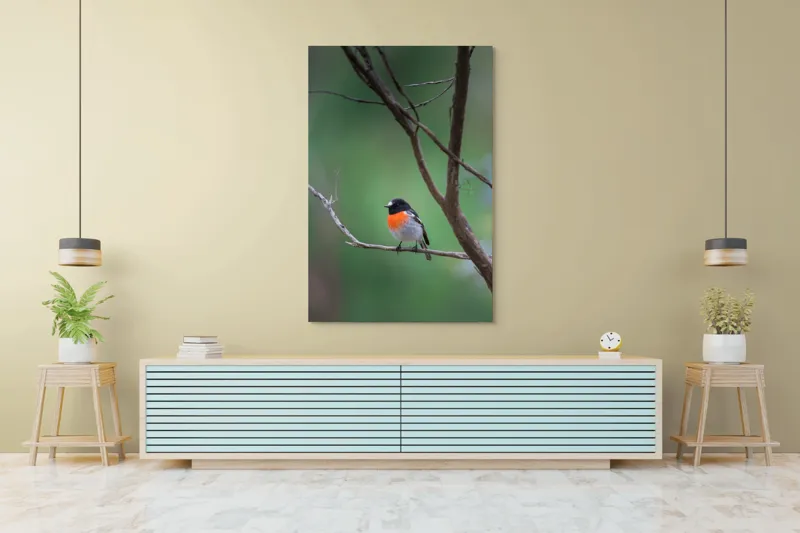 Tablou Canvas, "Pasărea cu pieptul portocaliu pe ramură", Pasăre, Ramură, Portocaliu, Negru, Verde, Ochi, Pene, Natură, Zveltă, Observare, 100 x 150 cm – poza 4