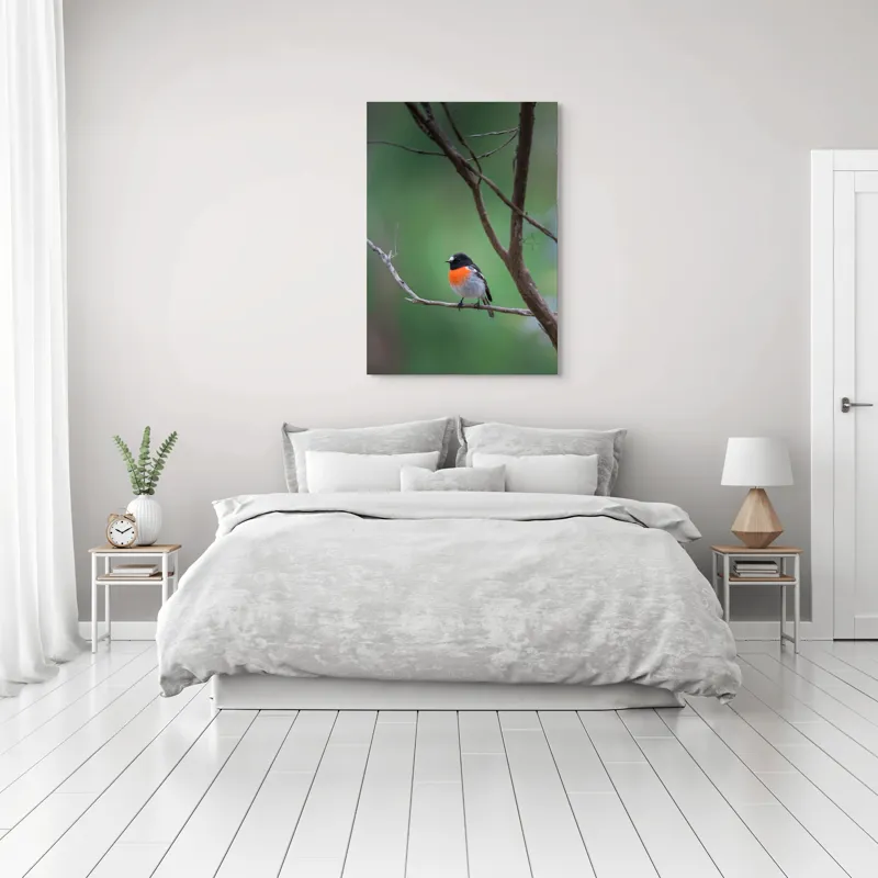 Tablou Canvas, "Pasărea cu pieptul portocaliu pe ramură", Pasăre, Ramură, Portocaliu, Negru, Verde, Ochi, Pene, Natură, Zveltă, Observare, 70 x 100 cm – poza 3