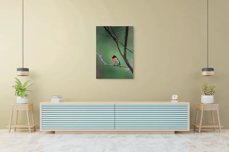 Tablou Canvas, "Pasărea cu pieptul portocaliu pe ramură", Pasăre, Ramură, Portocaliu, Negru, Verde, Ochi, Pene, Natură, Zveltă, Observare, 70 x 100 cm – poza 5