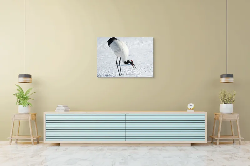Tablou Canvas, "Crainic japonez pe zăpadă strălucitoare", Pasăre, Zăpadă, Frig, Natură, Eleganță, Pene, Contrast, Roșu., 100 x 70 cm – poza 4