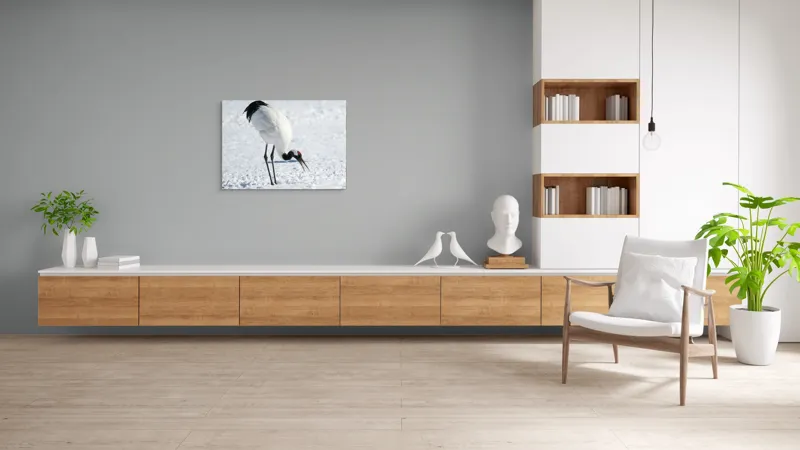 Tablou Canvas, "Crainic japonez pe zăpadă strălucitoare", Pasăre, Zăpadă, Frig, Natură, Eleganță, Pene, Contrast, Roșu., 100 x 70 cm – poza 6