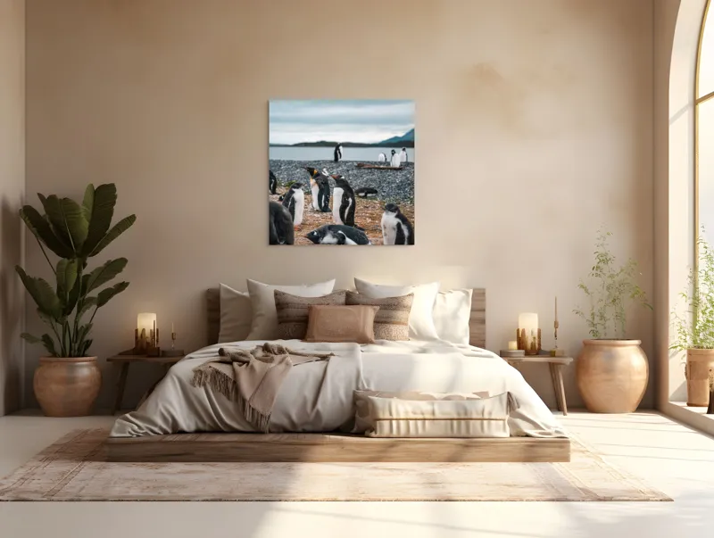 Tablou Canvas, "Pinguinii se odihnesc pe țărmul mării", Pinguini, Plajă, Cer, Pietriș, Apă, Inselă, Munți, Adunare, Natură, Odihnă, 100 x 100 cm – poza 4