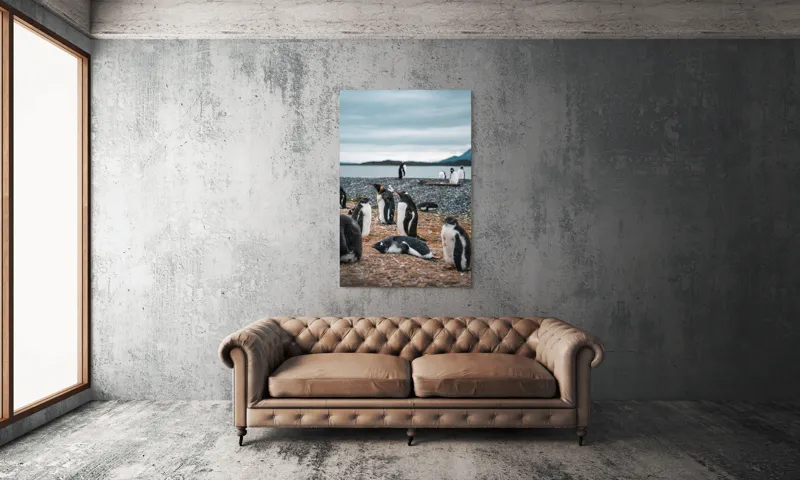 Tablou Canvas, "Pinguinii se odihnesc pe țărmul mării", Pinguini, Plajă, Cer, Pietriș, Apă, Inselă, Munți, Adunare, Natură, Odihnă, 100 x 150 cm – poza 6