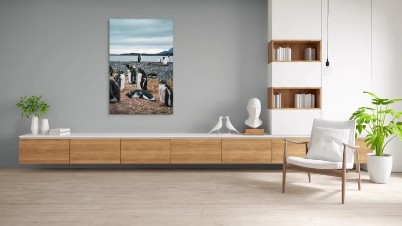 Tablou Canvas, "Pinguinii se odihnesc pe țărmul mării", Pinguini, Plajă, Cer, Pietriș, Apă, Inselă, Munți, Adunare, Natură, Odihnă, 100 x 150 cm – poza 8