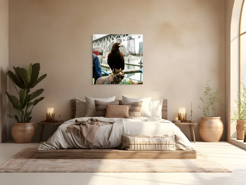 Tablou Canvas, "Șoimul în așteptarea vânătorii urbane", Conținut, Majestic, Vultur, Pod, Râu, Urban, Natură, Contrast, Libertate, Eleganță, 100 x 100 cm – poza 4